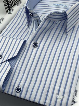 Klasik Uzun Kol Kalın Çizgili Hediye Kutulu Erkek Gömlek FS-001260 - Beyaz Açık Mavi