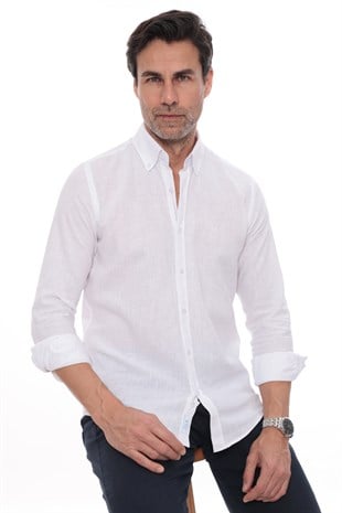 Slim Fit Uzun Kol Yaka Düğmeli Nefes Alan Keten Hediye Kutulu Erkek Gömlek FS-004548 - Beyaz