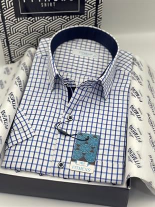 Klasik Kısa Kol Kareli Hediye Kutulu Erkek Gömlek FS-004156 - Beyaz Saks Mavi