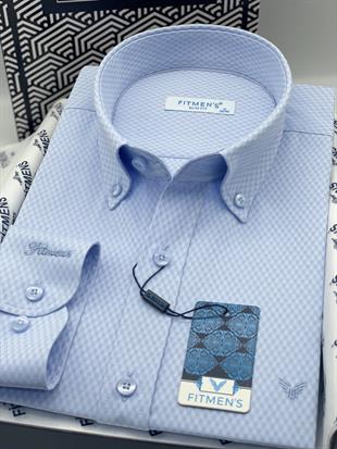 Slim Fit Uzun Kol Baklava Desen Kol Nakışlı Yaka Düğmeli Hediye Kutulu Şık Erkek Gömlek FS-004200 - Mavi