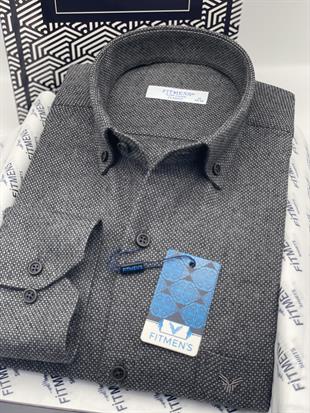 Klasik Uzun Kol Kışlık Yaka Düğmeli Yünlü %100 Cotton Hediye Kutulu Erkek Gömlek FS-003768 - Antrasit