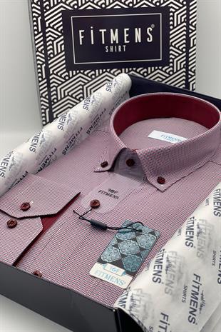 Klasik Uzun Kol Pöti Kareli Yaka Düğmeli Hediye Kutulu Erkek Gömlek FS-002273 - Bordo