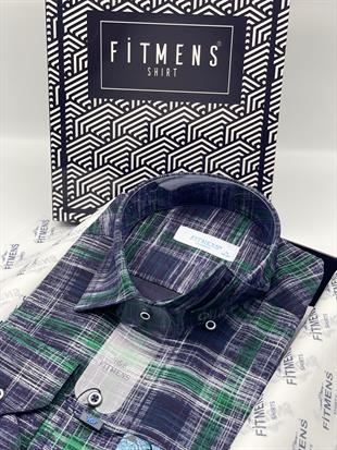 Klasik Uzun Kol Efektli Ekose Keten Cepsiz Yaka Alttan Düğmeli Erkek Hediye Kutulu Gömlek FS-003173 - Yeşil