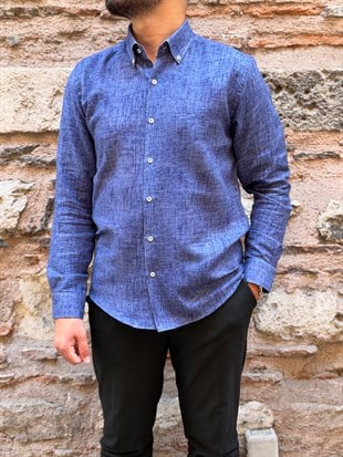 Slim Fit Uzun Kol Müslin Dijital Baskılı Hediye Kutulu Erkek Gömlek FS-004599 - Lacivert
