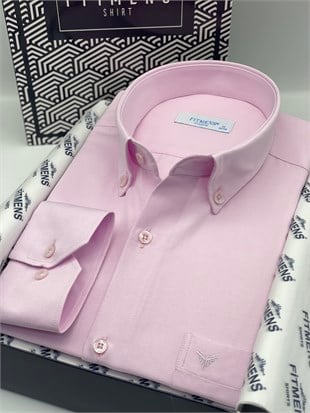 Klasik Uzun Kol Pamuklu Yaka Düğmeli Hediye Kutulu Kolay Ütülenebilir Erkek Gömlek FS-003897 - Pembe
