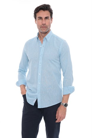 Slim Fit Uzun Kol Yaka Düğmeli Nefes Alan Keten Hediye Kutulu Erkek Gömlek FS-004548 - Turkuaz