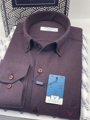 Klasik Uzun Kol Kışlık Yaka Düğmeli Yünlü %100 Cotton Hediye Kutulu Erkek Gömlek FS-003768 - Bordo