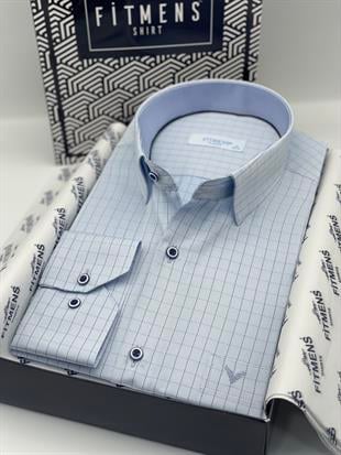 Klasik Uzun Kol Kare Çizgili Hediye Kutulu Erkek Gömlek FS-002153 - Açık Mavi