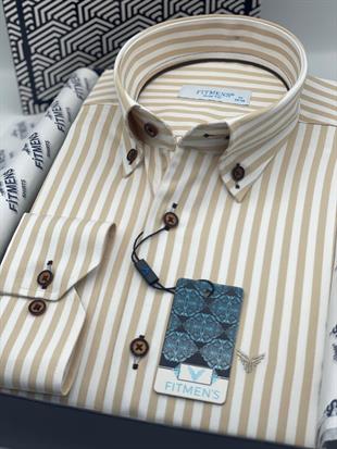 Slim Fit Uzun Kol Likralı Çizgili Yaka Düğmeli Hediye Kutulu Erkek Gömlek FS-003669 - Bej