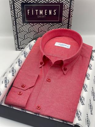 Slim Fit Uzun Kol Pamuklu Hediye Kutulu Kolay Ütülenebilir Erkek Gömlek FS-002225 - Kırmızı