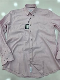 Slim Fit Uzun Kol Cepsiz Çizgili Keten Likra  Hediye Kutulu Erkek Gömlek FS-004581 - Pembe
