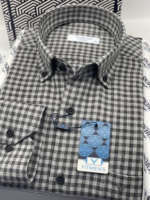 Klasik Uzun Kol Kışlık %100 Cotton Kareli Yaka Düğmeli Hediye Kutulu Erkek Gömlek FS-003127 - Gri