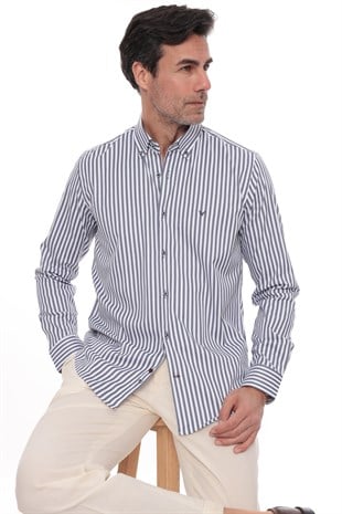 Slim Fit Uzun Kol Likralı Çizgili Yaka Düğmeli Hediye Kutulu Erkek Gömlek FS-003669 - Lacivert
