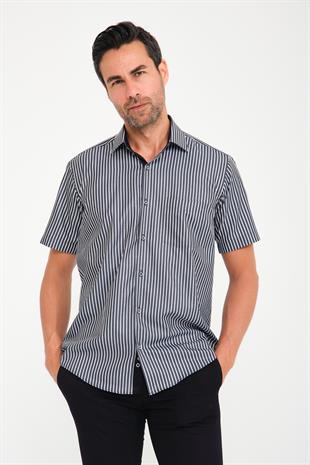Klasik Kısa Kol Kalın Çizgili Hediye Kutulu Erkek Gömlek FS-000702 - Siyah Beyaz