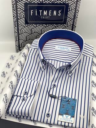 Slim Fit Uzun Kol Premium Kalın Çizgili Yaka Düğmeli Hediye Kutulu Kolay Ütülenebilir Erkek Gömlek FS-001375 - Beyaz Saks Mavi