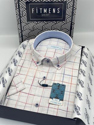Klasik Kısa Kol Kareli Keten Cotton Yaka Düğmeli Hediye Kutulu Erkek Gömlek FS-003573 - Beyaz Turkuaz