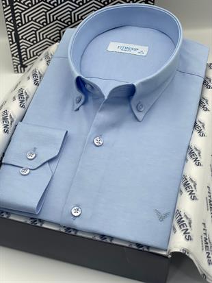 Slim Fit Uzun Kol Pamuklu Hediye Kutulu Kolay Ütülenebilir Erkek Gömlek FS-002225 - Mavi