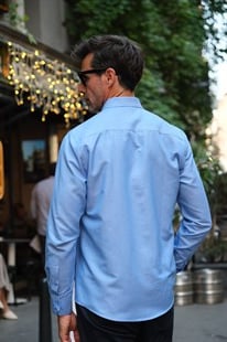 Slim Fit Uzun Kol Pamuklu Hediye Kutulu Kolay Ütülenebilir Erkek Gömlek FS-002225 - Saks Mavi