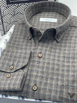 Klasik Uzun Kol Kışlık Ekoseli Yaka Düğmeli %100 Cotton Hediye Kutulu Erkek Gömlek FS-003767 - Kahverengi