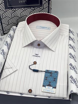 Klasik Kısa Kol Çizgli Hediye Kutulu Erkek Gömlek FS-004162 - Beyaz Bordo