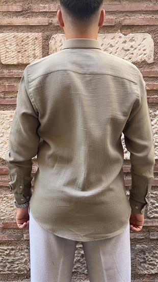 Slim Fit Uzun Kol Müslin Pamuk Rahat Nefes Alabilen Kumaştan Yaka Düğmeli Hediye Kutulu Erkek Gömlek FS-004202 - Haki