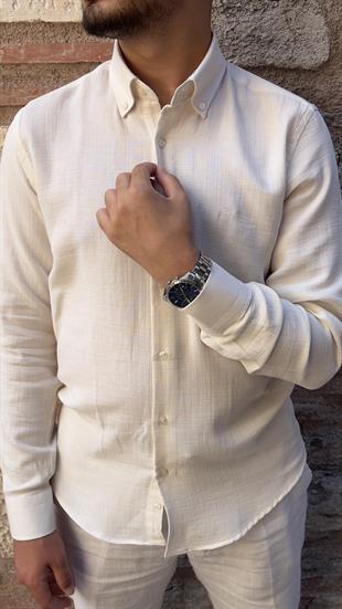 Slim Fit Uzun Kol Müslin Pamuk Rahat Nefes Alabilen Kumaştan Yaka Düğmeli Hediye Kutulu Erkek Gömlek FS-004202 - Krem