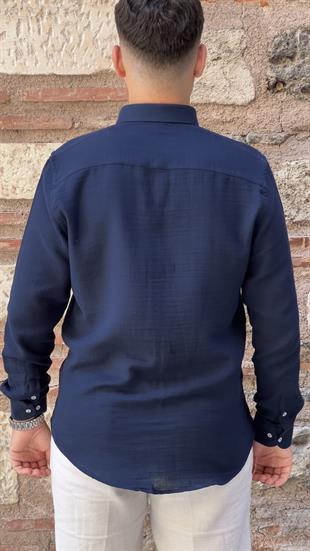Slim Fit Uzun Kol Müslin Pamuk Rahat Nefes Alabilen Kumaştan Yaka Düğmeli Hediye Kutulu Erkek Gömlek FS-004202 - Lacivert