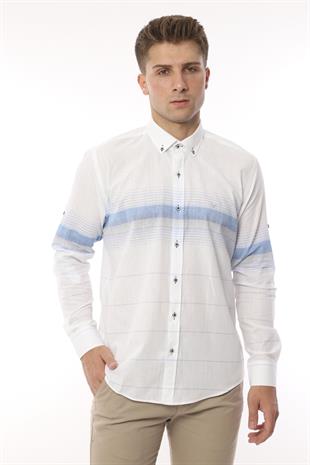 Slim Fit Uzun Kol Panolu Keten Hediye Kutulu Kolay Ütülenebilir Erkek Gömlek FS-002994 - Mavi