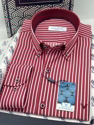 Slim Fit Uzun Kol Premium Kalın Çizgili Yaka Düğmeli Hediye Kutulu Kolay Ütülenebilir Erkek Gömlek FS-001375 - Bordo