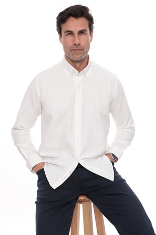Slim Fit Uzun Kol Baklava Desen Kol Nakışlı Yaka Düğmeli Hediye Kutulu Şık Erkek Gömlek FS-004200 - Krem