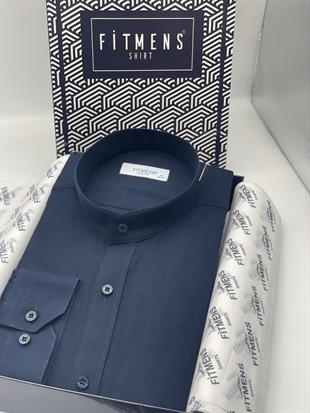 Hakim Yaka Slim Fit Keten Hediye Kutulu Erkek Gömlek FS-003042 - Lacivert