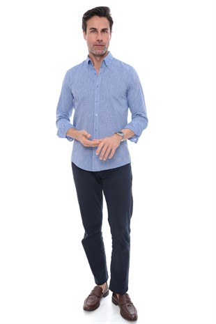 Slim Fit Uzun Kol Yaka Düğmeli Nefes Alan Keten Hediye Kutulu Erkek Gömlek FS-004548 - Koyu Mavi