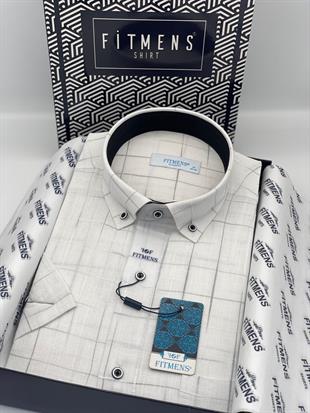 Klasik Kısa Kol Kareli Keten Cotton Yaka Düğmeli Hediye Kutulu Erkek Gömlek FS-003573 - Beyaz Gri
