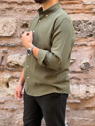 Slim Fit Uzun Kol Müslin Pamuk Rahat Nefes Alabilen Kumaştan Yaka Düğmeli Hediye Kutulu Erkek Gömlek FS-004202 - Yeşil