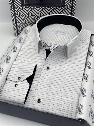 Klasik Uzun Kol Nokta Desenli Hediye Kutulu Erkek Gömlek FS-001259 - Beyaz Siyah