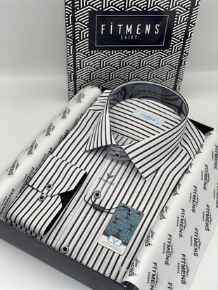 Klasik Uzun Kol Kalın Çizgili Hediye Kutulu Erkek Gömlek FS-001260 - Beyaz Siyah