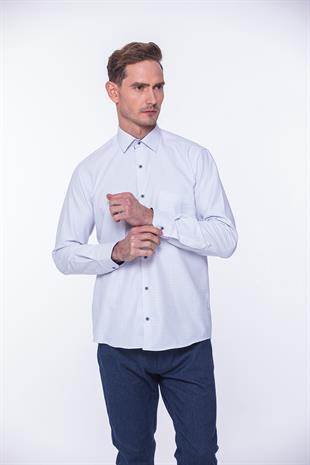 Klasik Uzun Kol Nokta Desenli Hediye Kutulu Erkek Gömlek FS-001259 - Beyaz Lacivert