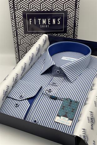 Klasik Uzun Kol Çubuk Çizgili Hediye Kutulu Erkek Gömlek FS-001365 - Saks Mavi