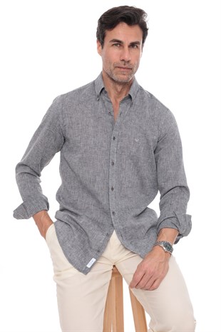 Slim Fit Uzun Kol Yaka Düğmeli Nefes Alan Keten Hediye Kutulu Erkek Gömlek FS-004548 - Antrasit