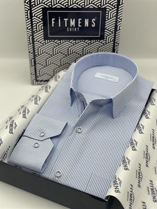 Klasik Uzun Kol İnce Çizgili Cepli Hediye Kutulu Erkek Gömlek FS-003317 - Beyaz Açık Mavi