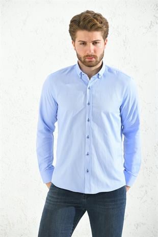 Slim Fit Uzun Kol Oxford Hediye Kutulu Kolay Ütülenebilir Erkek Gömlek - Mavi
