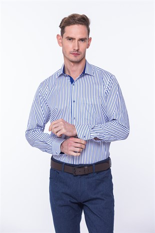 Klasik Uzun Kol Kalın Çizgili Hediye Kutulu Erkek Gömlek FS-001260 - Beyaz Saks Mavi