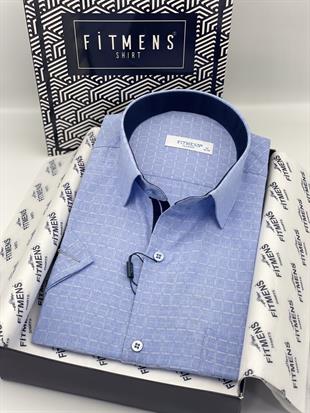 Klasik Kısa Kol Balıksırtı Kareli Hediye Kutulu Erkek Gömlek FS-004154 - Mavi