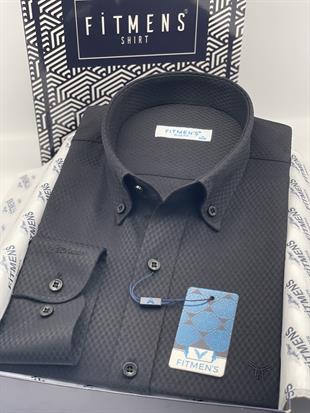 Slim Fit Uzun Kol Baklava Desen Kol Nakışlı Yaka Düğmeli Hediye Kutulu Şık Erkek Gömlek FS-004200 - Siyah