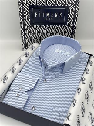 Klasik Uzun Kol İnce Çizgili Cepli Hediye Kutulu Erkek Gömlek FS-003317 - Beyaz Açık Mavi