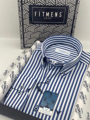 Slim Fit Uzun Kol Likralı Çizgili Yaka Düğmeli Hediye Kutulu Erkek Gömlek FS-003669 - Saks Mavi