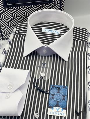 Klasik Uzun Kol Cepsiz Yaka Manşet Beyaz Hediye Kutulu Erkek Gömlek FS-004328 - Siyah Beyaz