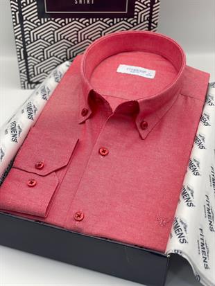 Slim Fit Uzun Kol Pamuklu Hediye Kutulu Kolay Ütülenebilir Erkek Gömlek FS-002225 - Kırmızı
