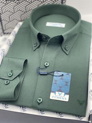 Slim Fit Uzun Kol Pamuklu Hediye Kutulu Kolay Ütülenebilir Erkek Gömlek FS-002225 - Koyu Yeşil