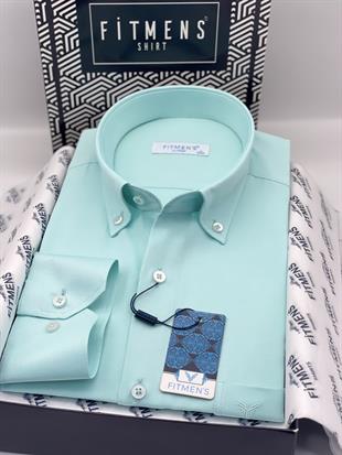 Klasik Uzun Kol Pamuklu Yaka Düğmeli Hediye Kutulu Kolay Ütülenebilir Erkek Gömlek FS-003897 - Mint